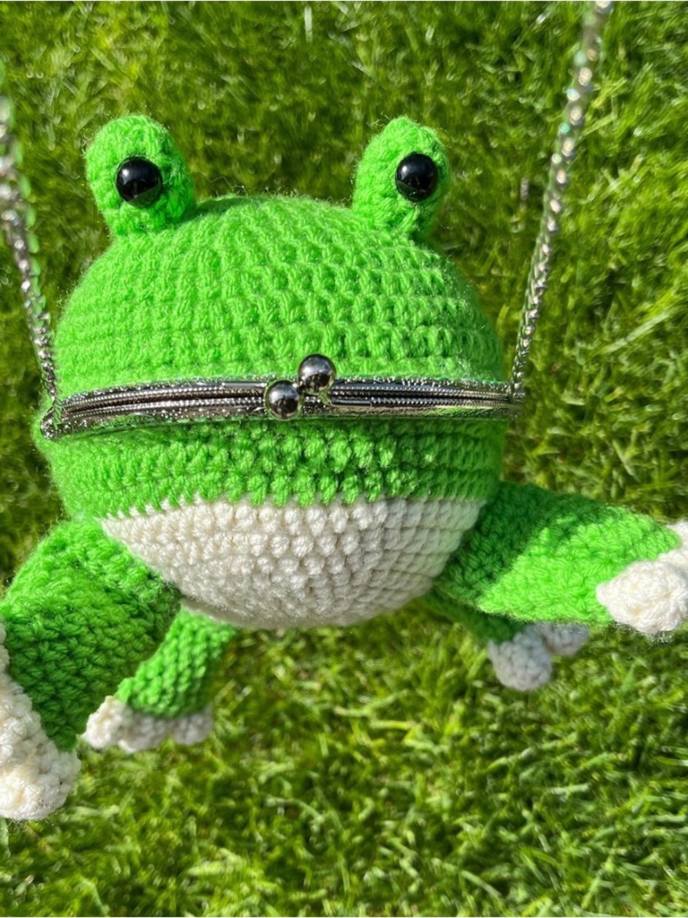 Handmade Crochet Green Frog Crossbody Purse